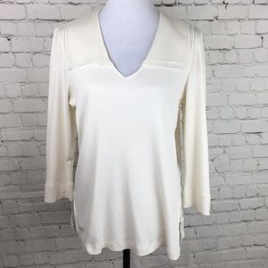 Knit Lace Trim 3/4 Sleeve Ivory Blouse sz L